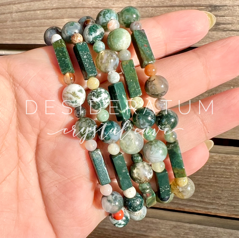 Moss Agate Round & Long Mixed Bead Stretchy Crystal Bracelet
